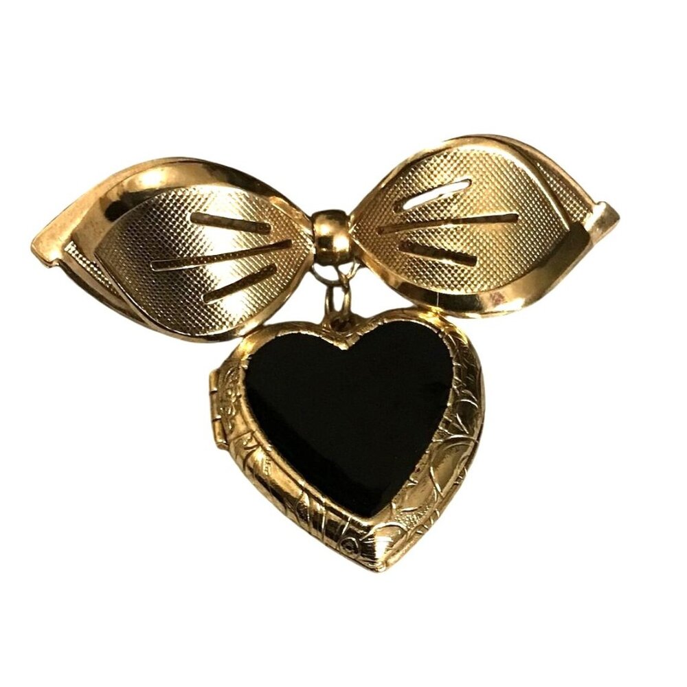 Vintage Gold Heart Locket Brooch With Black Inlay & Bow Design